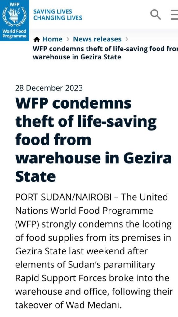 المسار نيوز برنامج الغذاء العالمي: جنود الدعم السريع نهبوا المخازن والمكاتب وسرقوا أغذية تكفي لإطعام أكثر من مليون ونصف المليون شخص في مدني